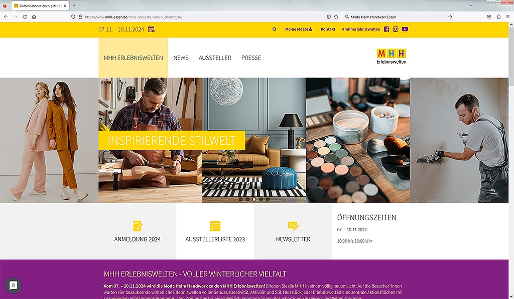 Screenshot der Website der Messe Mode Heim Handwerk