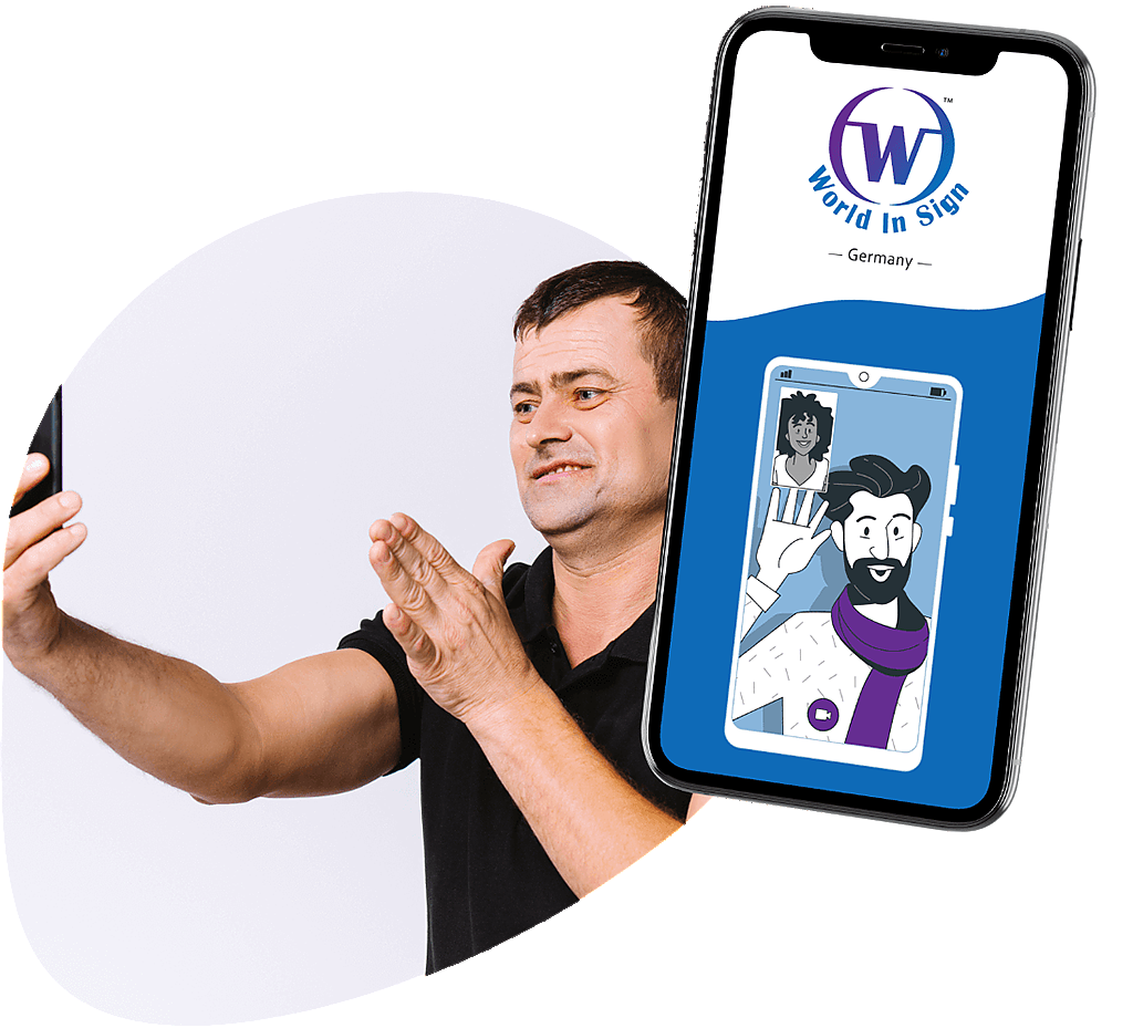 Mann hält sein Handy und macht eine Gebärde, rechts daneben ist ein Handydisplay mit der App dargestellt